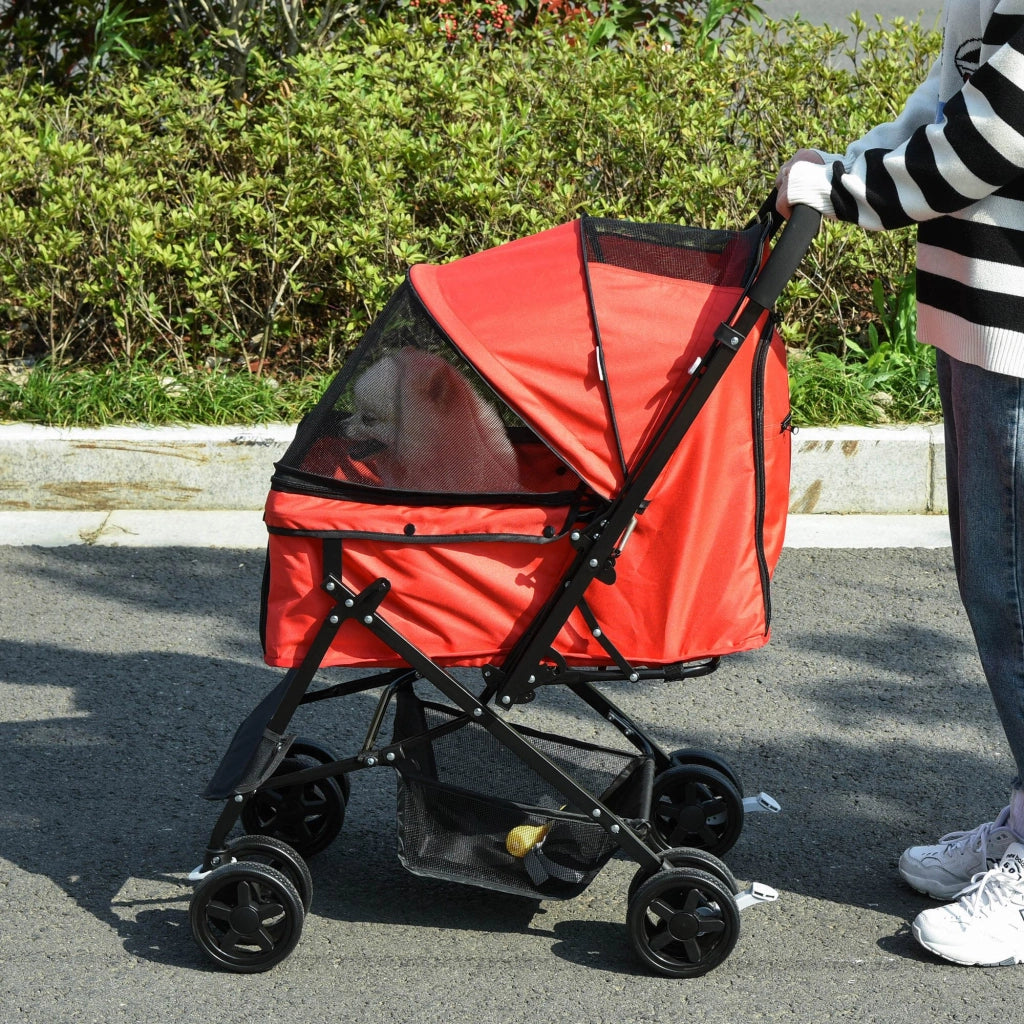 Carrello pieghevole con grande cesta per piccoli cani, cappottina regolabile, finestre in rete, in poliestere rosso