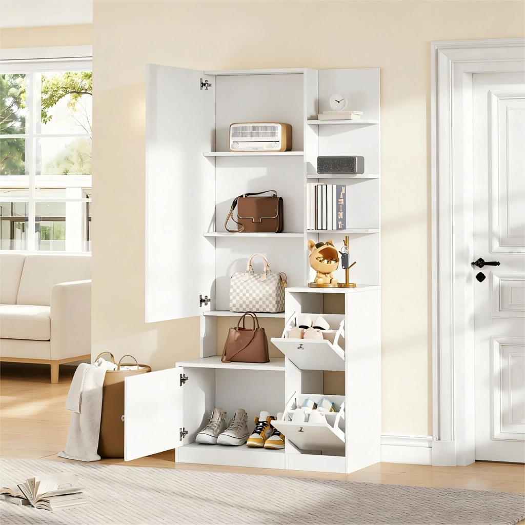 Mobile ingresso multifunzione con specchio e scarpiera; 85 x 40 x 180 cm; bianco