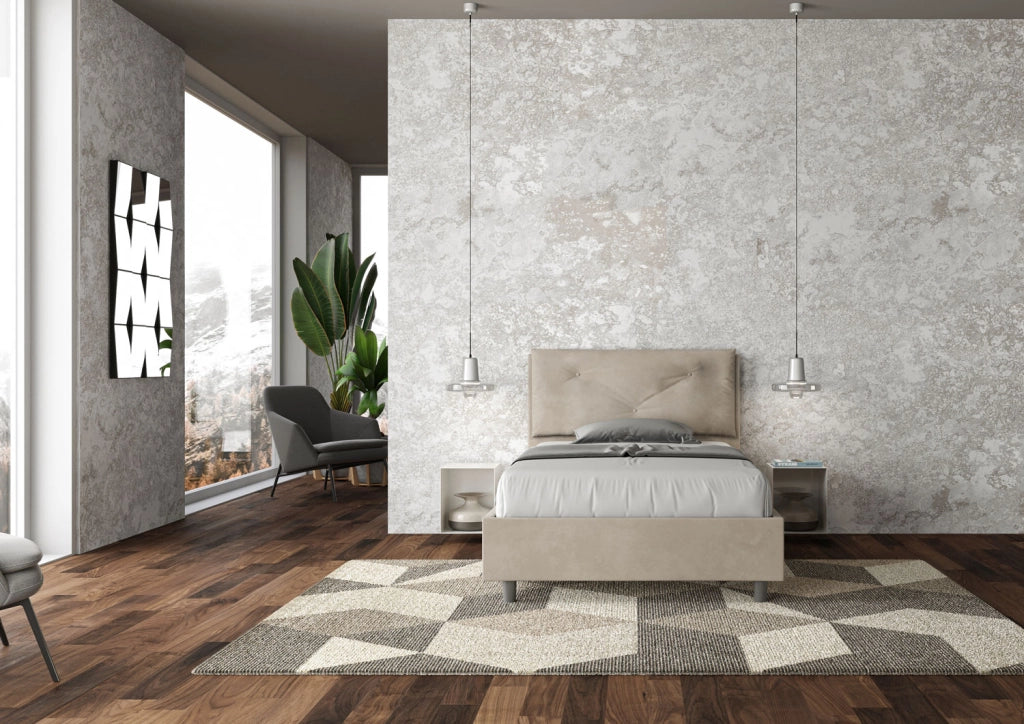 BS COM Letto una piazza e mezza con rete imbottito 130x200 microfibra sabbia Large
