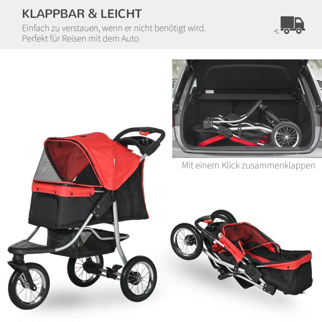 Carrello pieghevole per animali con 3 ruote, reti con zip, telo 600D Oxford, rosso