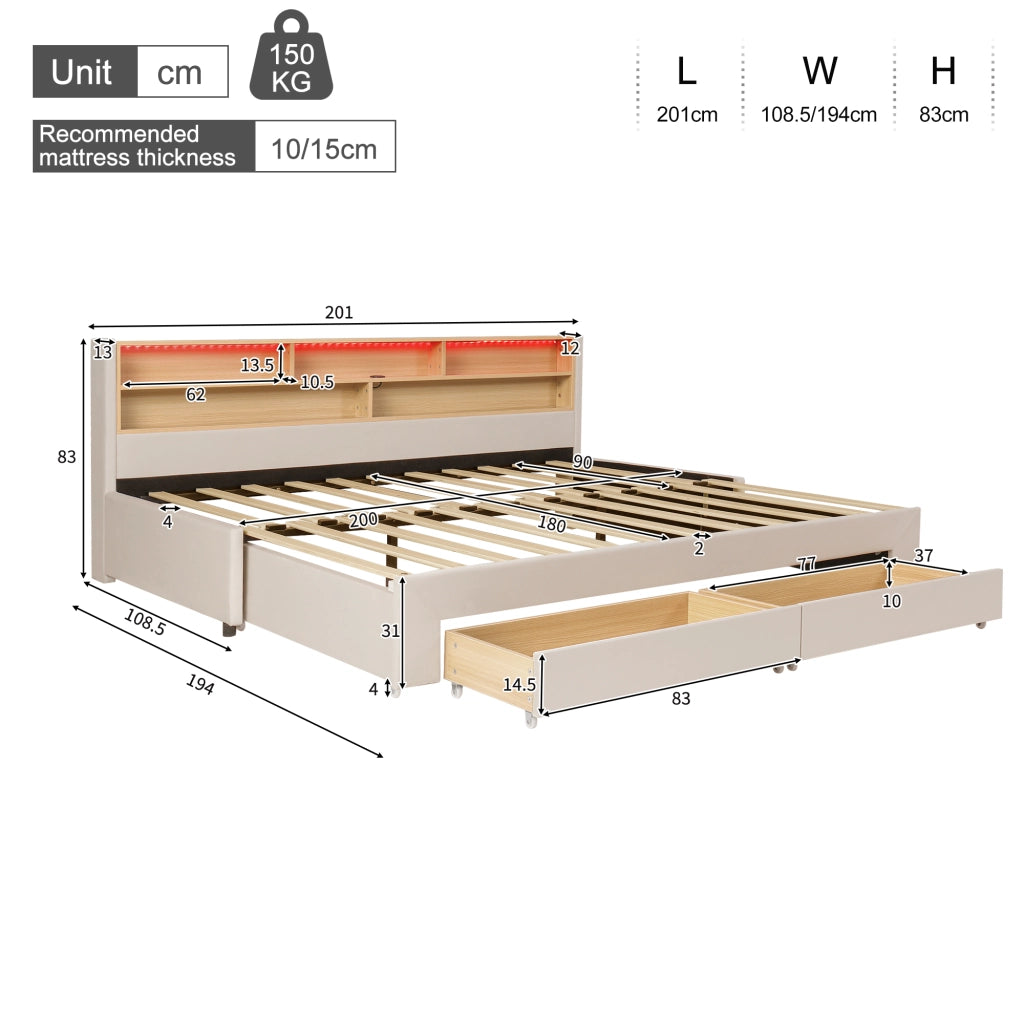 LETTO Estraibile 90x200 cm Velluto Beige con cassetti, USB e LED