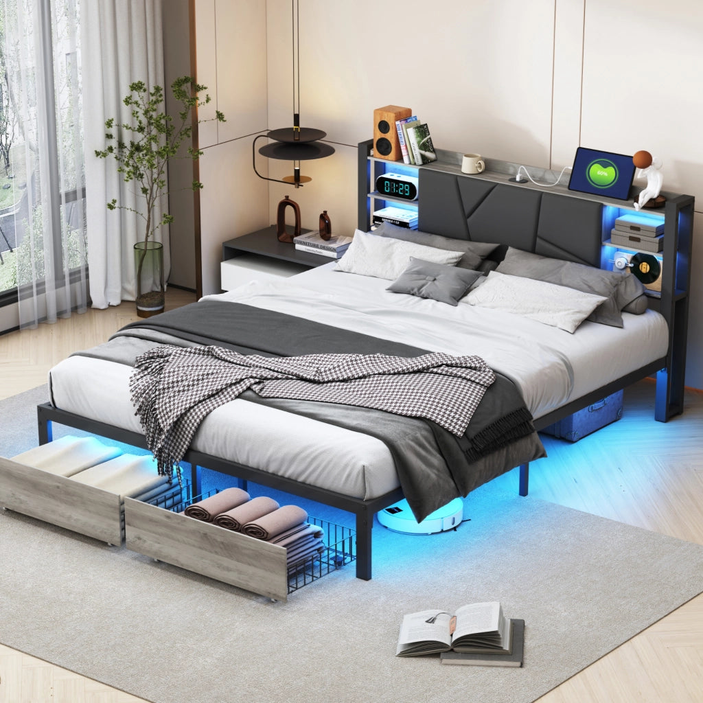 Letto 140x200 cm con cassetti; LED e porta USB in truciolare nero