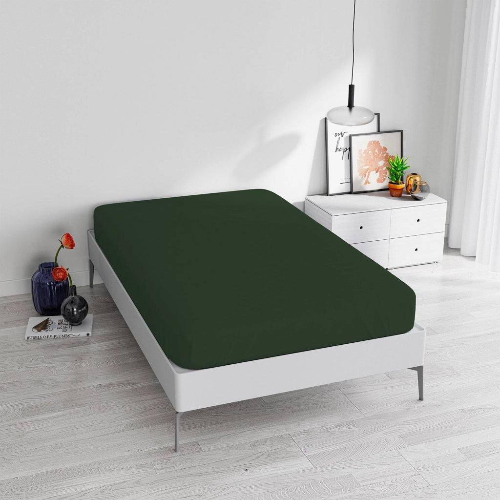 Lenzuolo Sotto Singolo con Angoli ed Elastico in Cotone Verde Oliva