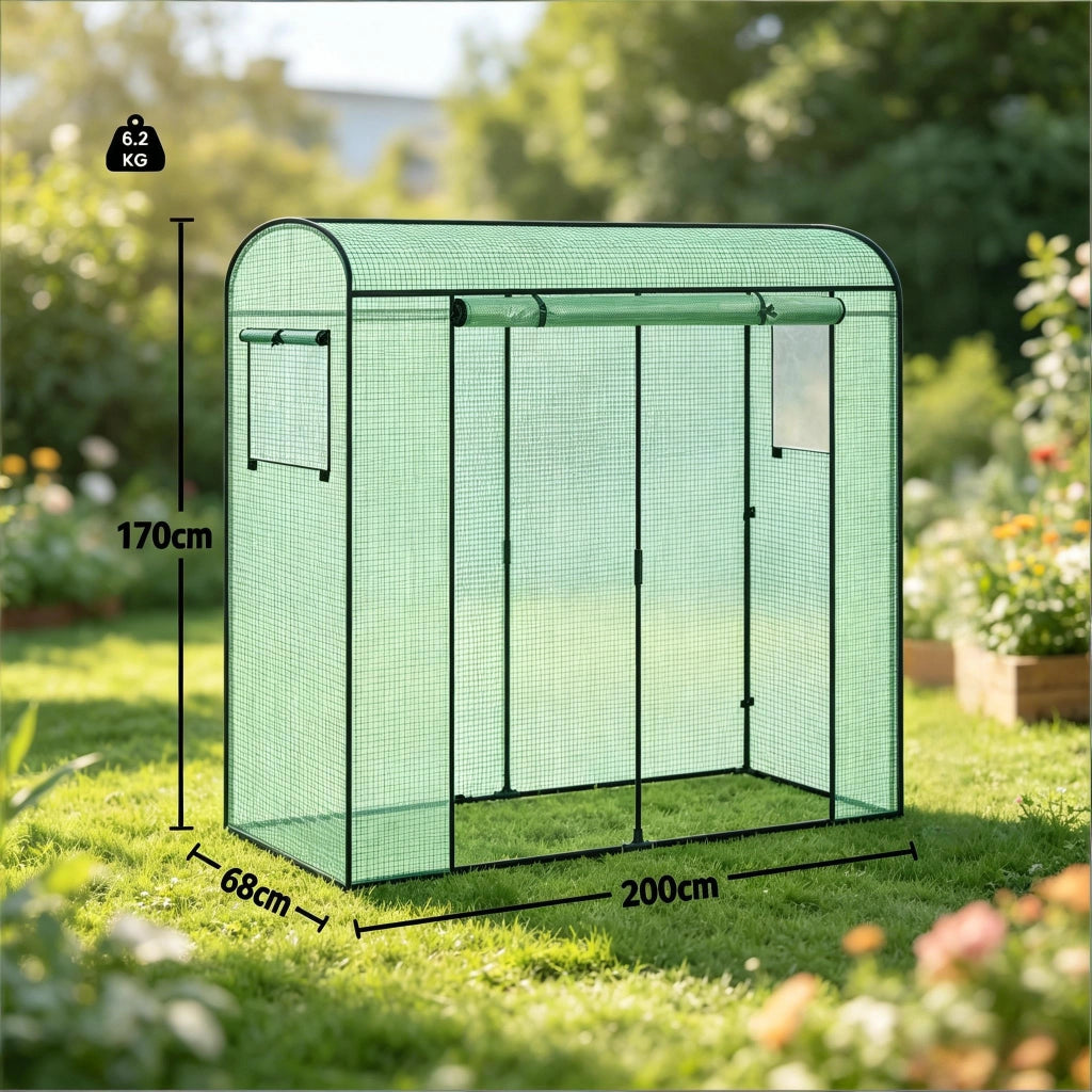 Serra a tunnel con tetto curvo, 2 finestre incernierate e copertura arrotolabile in acciaio e PE verde 170 × 68 × 200 cm