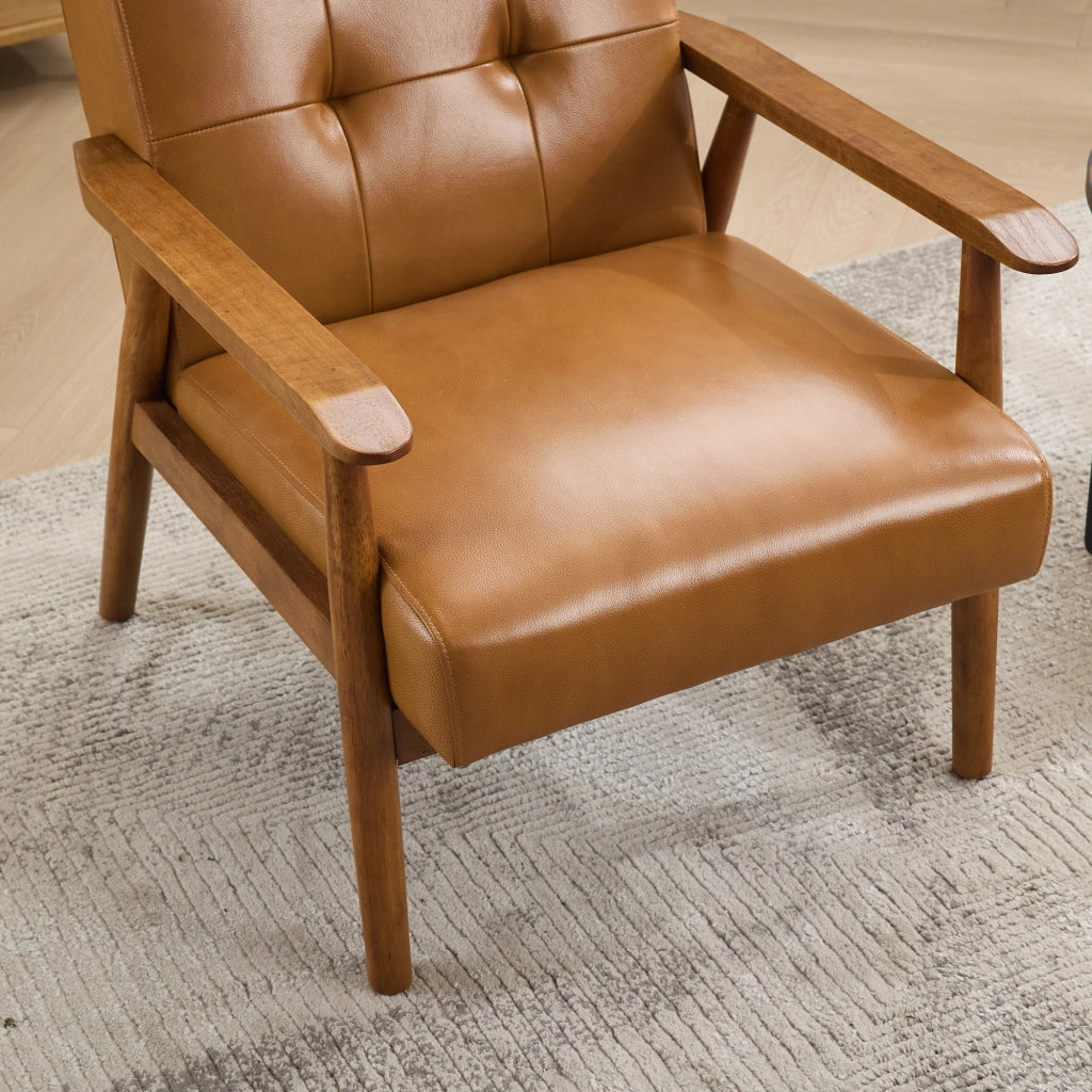 Poltrona Loungesessel con Schienale con Cuciture Pull-Point e Struttura Stabile, in Pelle, Legno, Marrone Chiaro