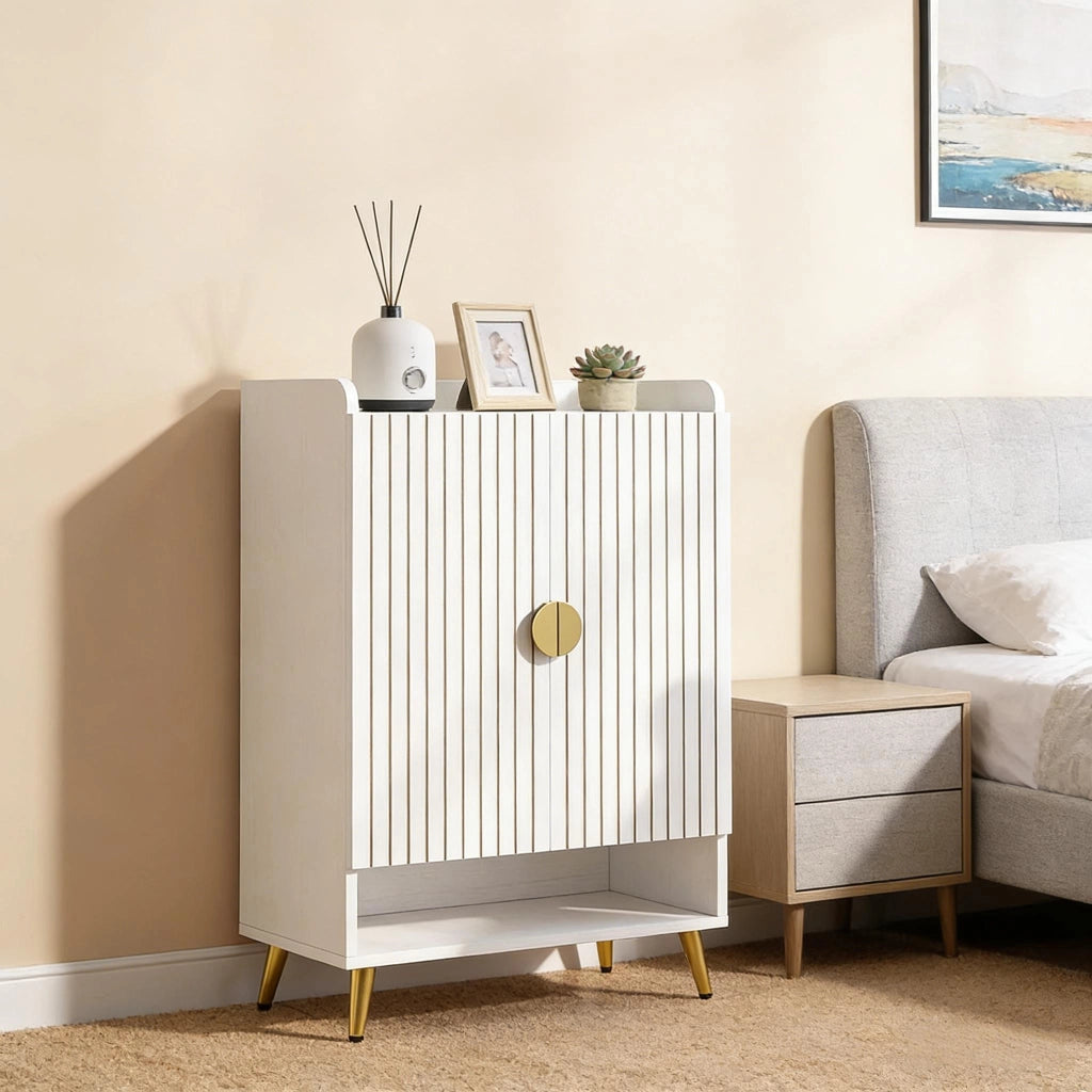 Mobile portascarpe a 7 ripiani, bianco e oro, in metallo e legno, per ingresso e soggiorno