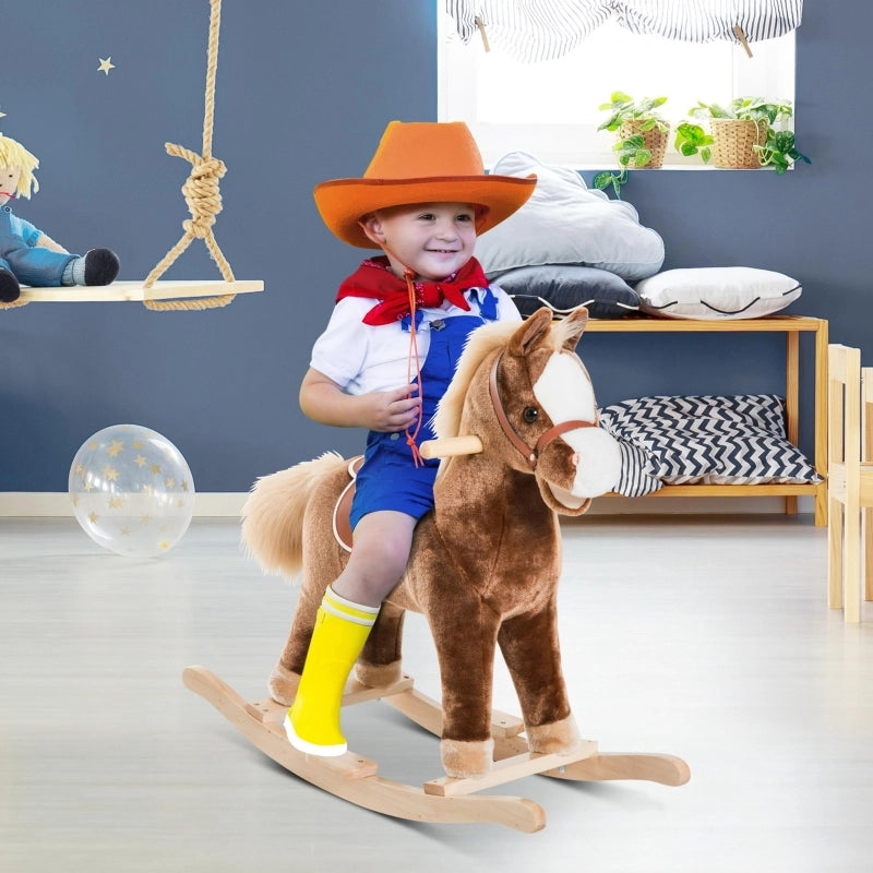 Cavallo a dondolo per bambini, peluche a dondolo, marrone, L74 x P33 x H62 cm