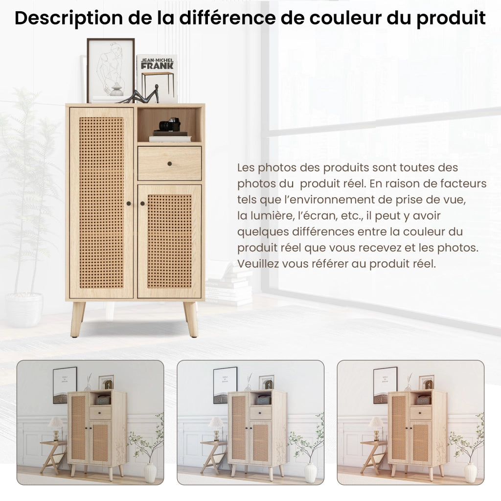 Credenza con 2 Ante in Rattan e 1 Cassetto; Vano a Giorno; Stile Naturale; in Pannello Truciolare; Rovere; 60¡Á40¡Á101 cm