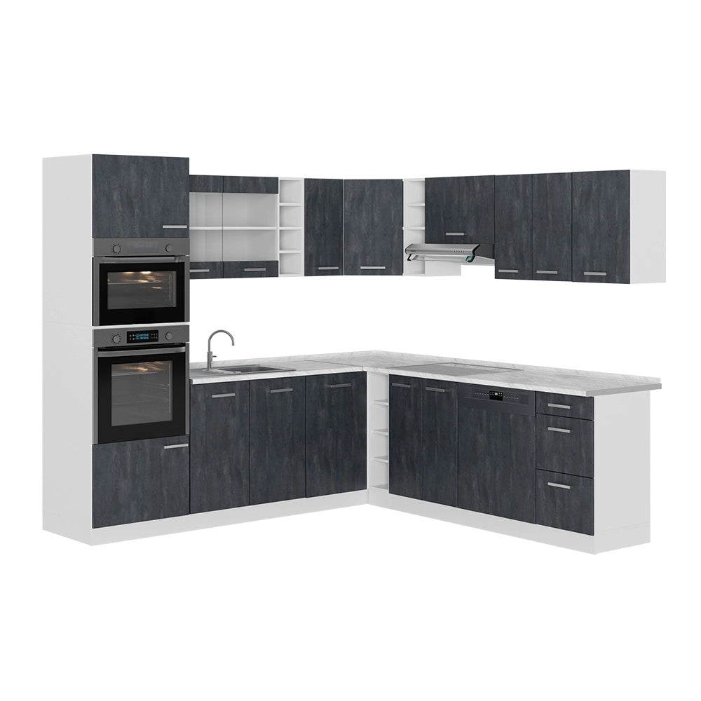 Cucina angolare completa R-Line Calce nera/Bianco 247 x 237 cm PL Marmo Vicco