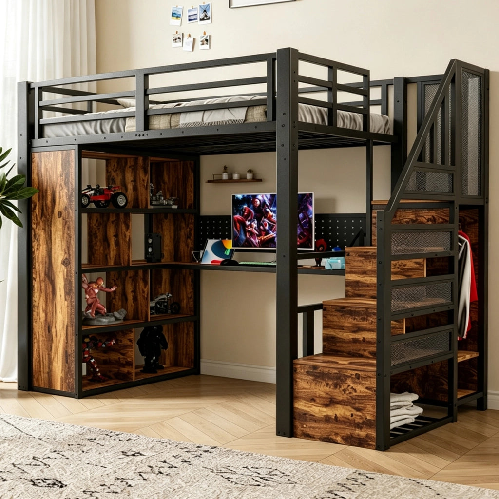 Letto a soppalco in metallo 90x200 con scrivania; armadio e LED; nero