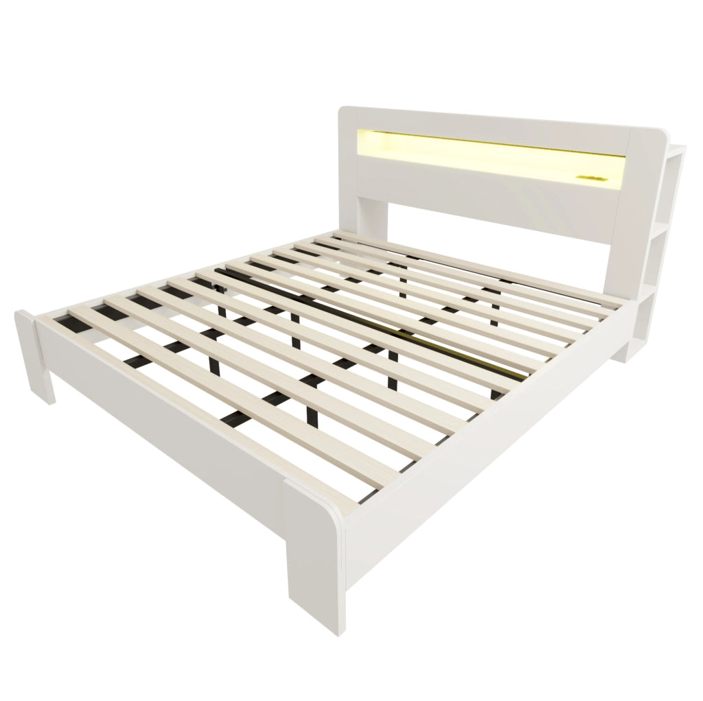 Letto 180x200 cm con contenitore in testiera; LED e prese in legno bianco