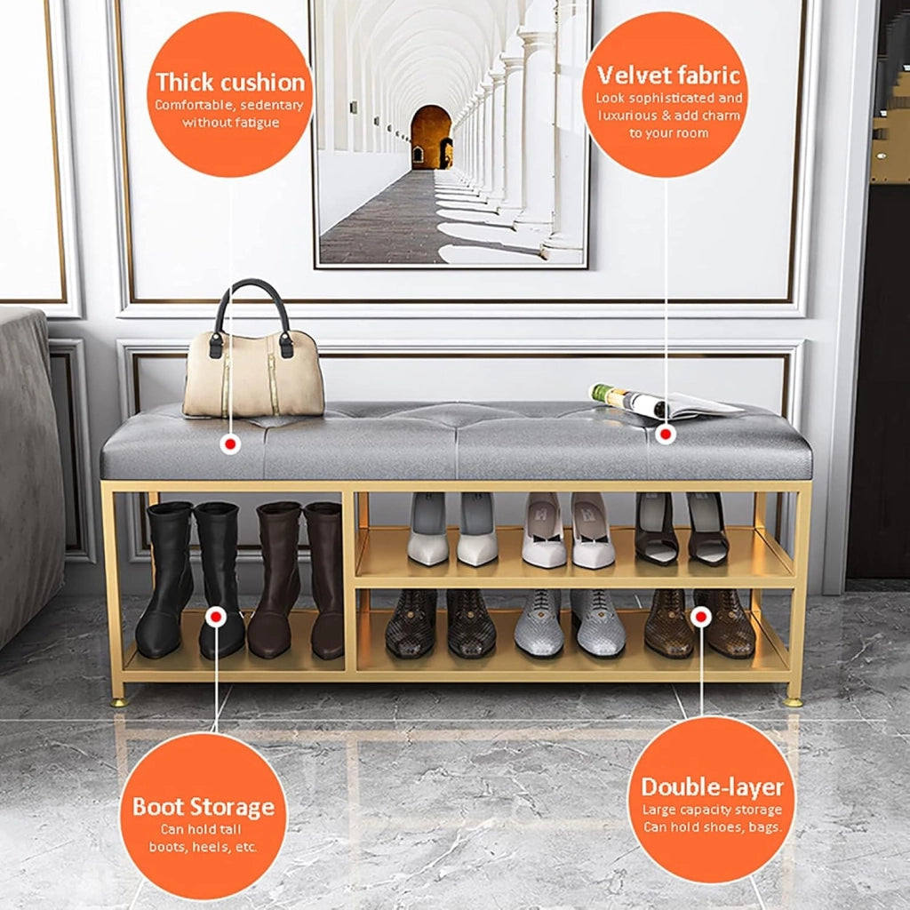 scarpiera Organizzatore di scarpe Panca da ingresso con base in metallo, sedile imbottito e portascarpe a 2 livelli - Scarpiera moderna con spazio per scarponi per soggiorno/camera da letto - 60x