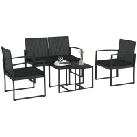 Set da Giardino con 2 Sedie, Divanetto e 2 Tavolini con Cuscini e Piano in Vetro, Nero