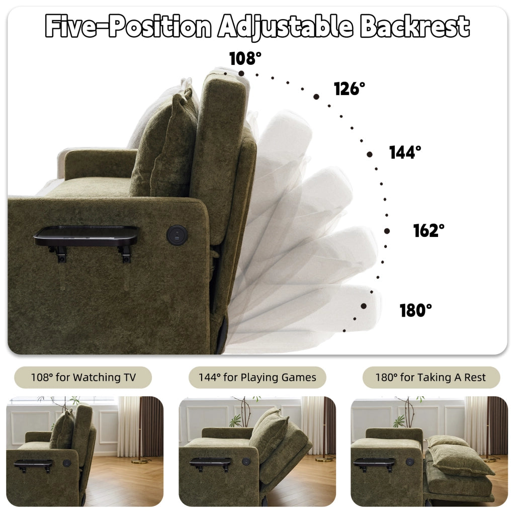 Divano letto pieghevole con schienale regolabile a 5 posizioni, tasche laterali, porta USB e Type-C, in chenille verde