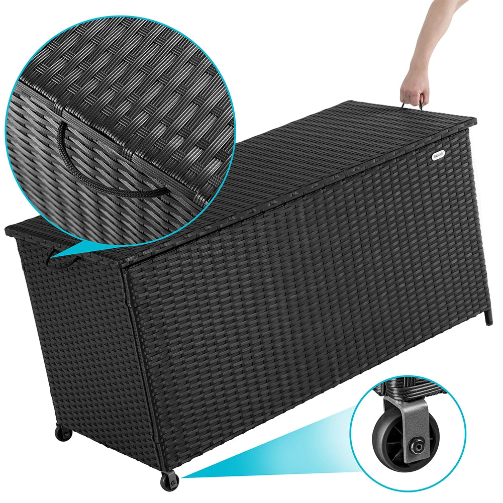 Baule Portaoggetti da Giardino Cassapanca Polyrattan Impermeabile 2 Ruote Nero