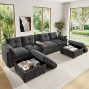 DIVANO angolare modulare 316x140 cm chenille grigio con 2 pouf contenitore e USB