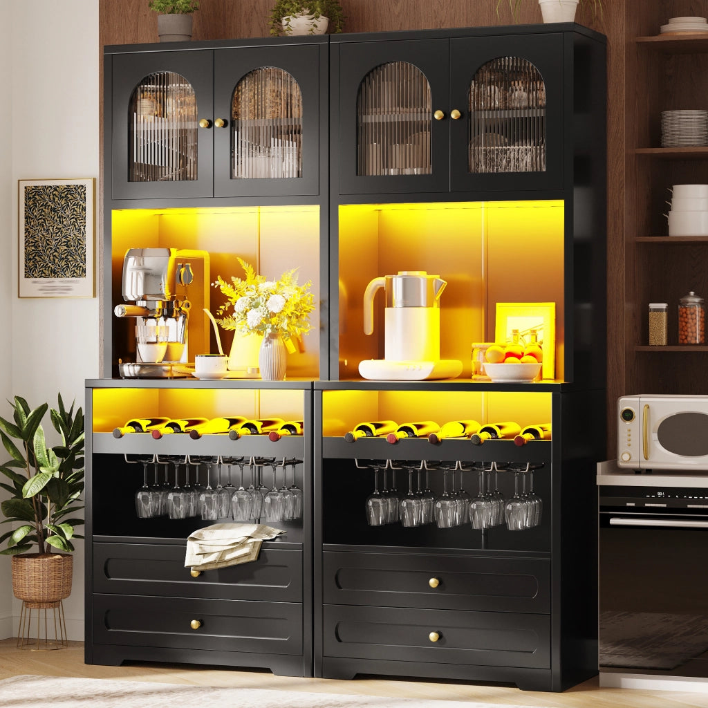 Credenza alta con ante in vetro curve, LED, ripiani regolabili e USB, per cucina e soggiorno, 140 × 40 × 180 cm