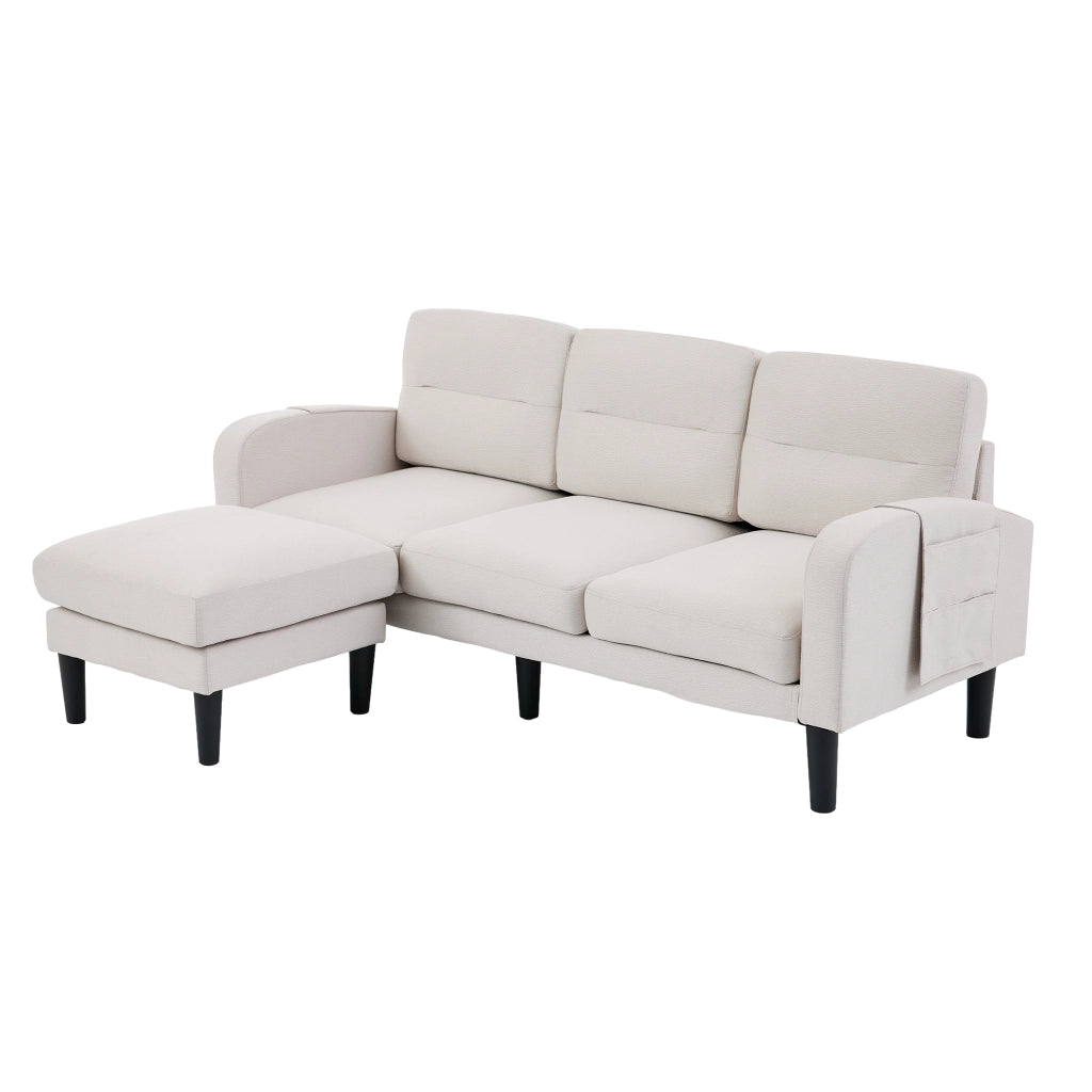 Divano angolare a L 3 posti con chaise longue e tasche laterali, beige, 204x136x80 cm
