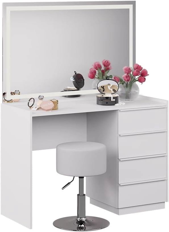 Tavolo da toeletta Viktoria, Bianco, 110 cm con specchio LED e sgabello, porta un tocco moderno all’ambiente