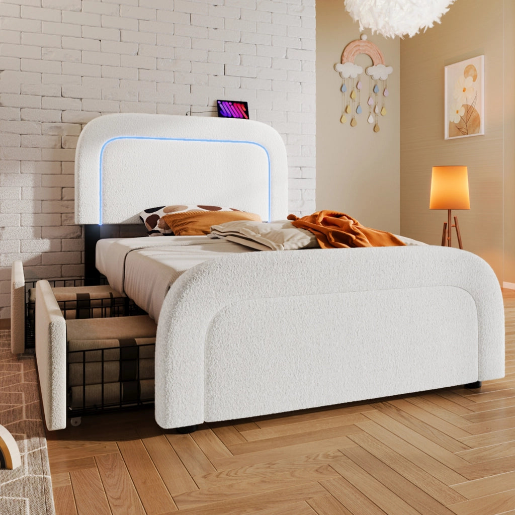 Letto singolo 90x200 cm in sherpa bianco con materasso, LED, USB-C e 2 cassetti