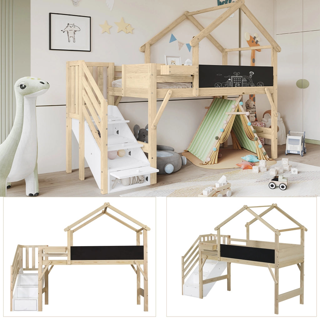 DESMIU Letto a castello 1 posto con barriera, lavagna e 3 vani nella scala, 90 × 200 cm, senza materasso