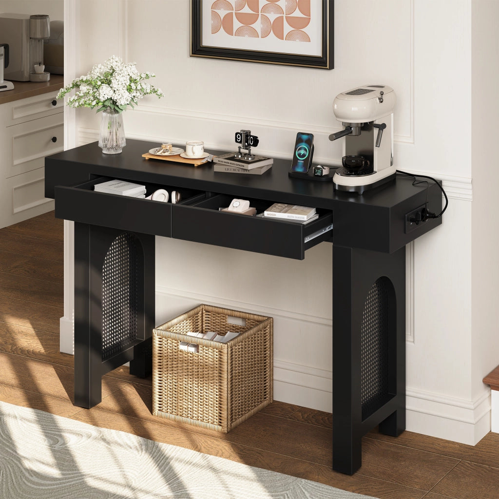 Consolle con 2 cassetti e ciabatta integrata per ingresso e soggiorno in MDF nero 120 × 35,5 × 76,5 cm