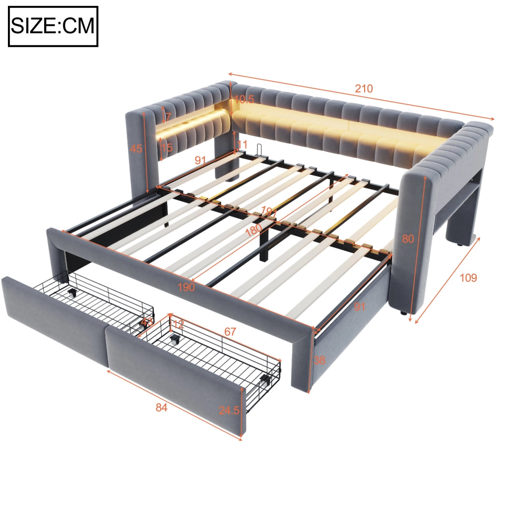 Divano letto multifunzione 90x190 cm estraibile; con cassetti; LED; USB; in velluto grigio