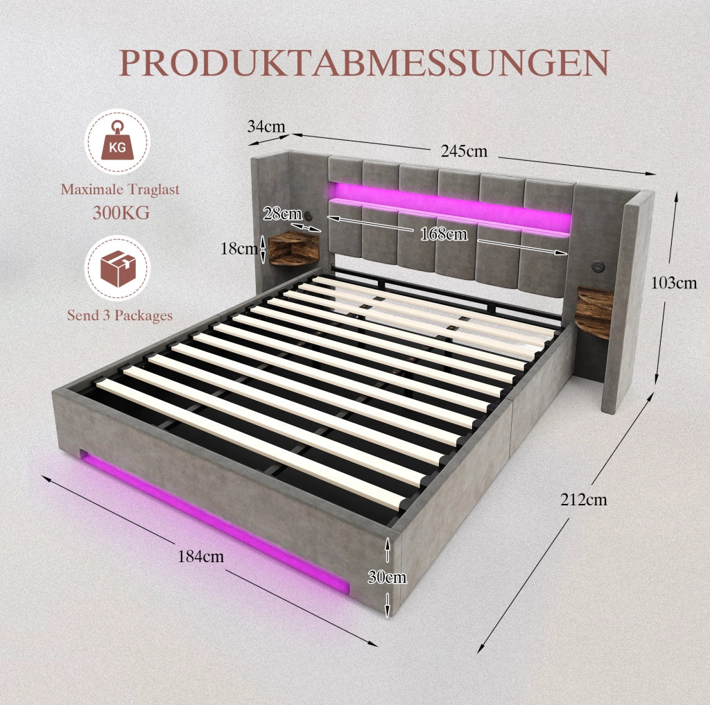 Letto contenitore 180x200 in velluto grigio scuro con LED e USB