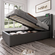 Letto singolo con contenitore 90x200 cm grigio, testiera geometrica, porte USB e Type-C, rete a doghe, senza materasso