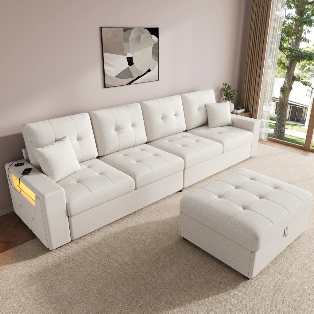 Divano angolare modulare 253x144,5x80,7 cm in lino beige con pouf contenitore –