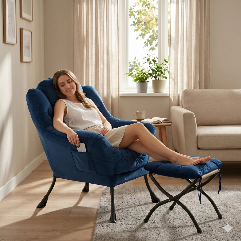 POLTRONA Relax con Pouf 70x77x20 cm Tessuto Blu Scuro