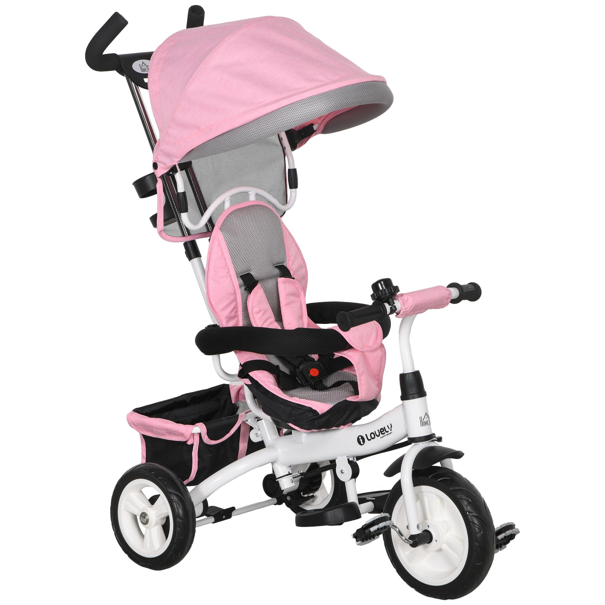 Triciclo Passeggino per Bambini con Maniglione 95x50x106 cm con Cintura di Sicurezza Rosa