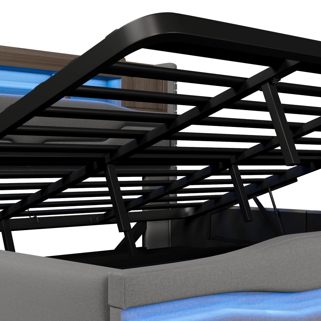 Letto contenitore 180x200 cm con LED, stazione di ricarica e testiera con vano