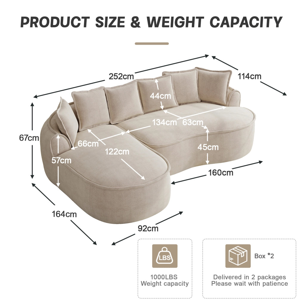 Divano Angolare con Chaise Longue e Cuscini ¨C MINIMAL ¨C Tessuto Chenille, Beige Chiaro