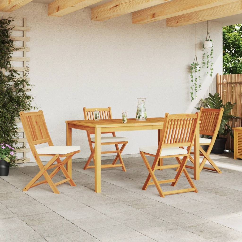 Sedia da Giardino Pieghevole  con Cuscino Bianco 4pcs in Legno di Acacia Solido