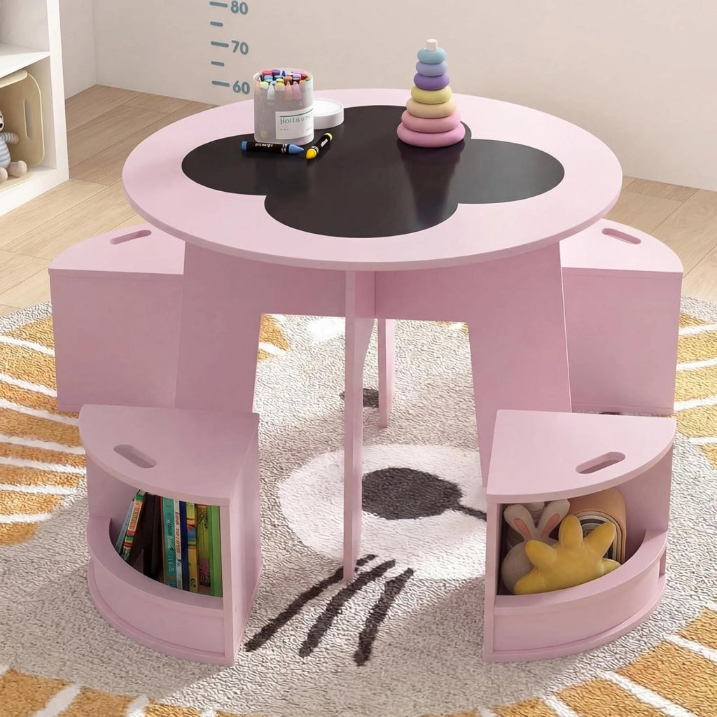 2 in 1 Set Tavolo e 4 Sedie per Bambini 3+ Anni, Set Tavolo Rotondo e Sedie con Portaoggetti, Tavolino in Legno Salvaspazio per Cameretta Ragazzi e Asilo Nido (Rosa)