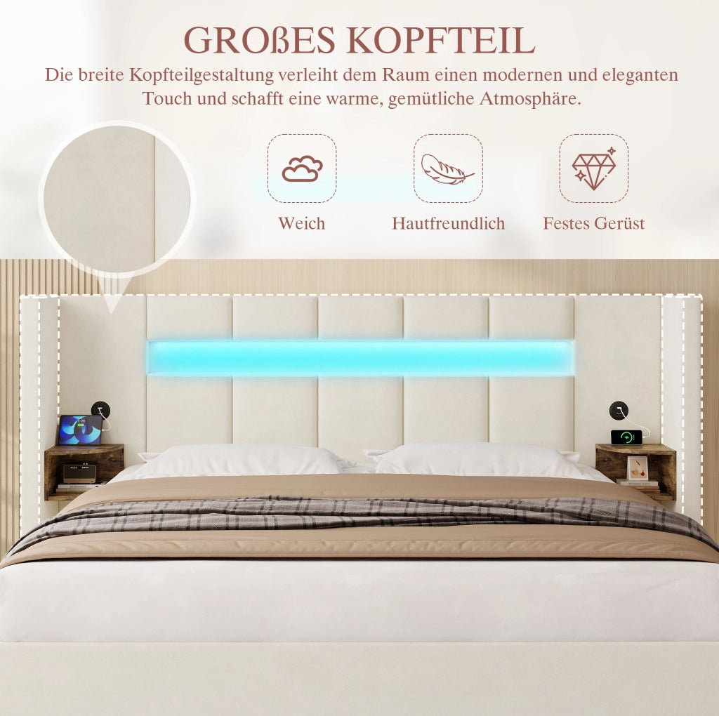 Letto contenitore in velluto beige 160x200 cm con LED e USB