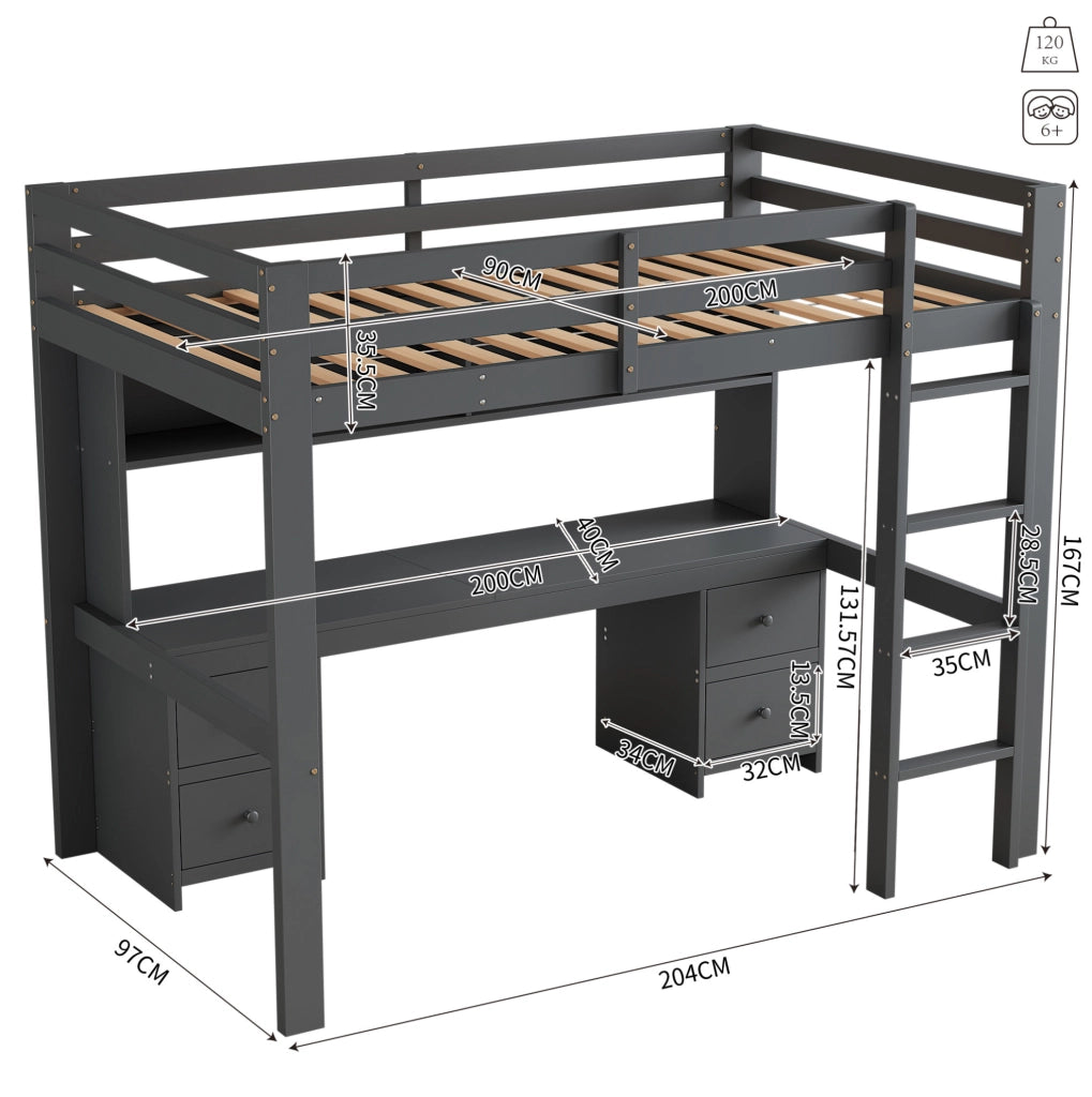 Letto a soppalco ULEVR 90x200 cm con scrivania, 4 cassetti e 4 vani, grigio