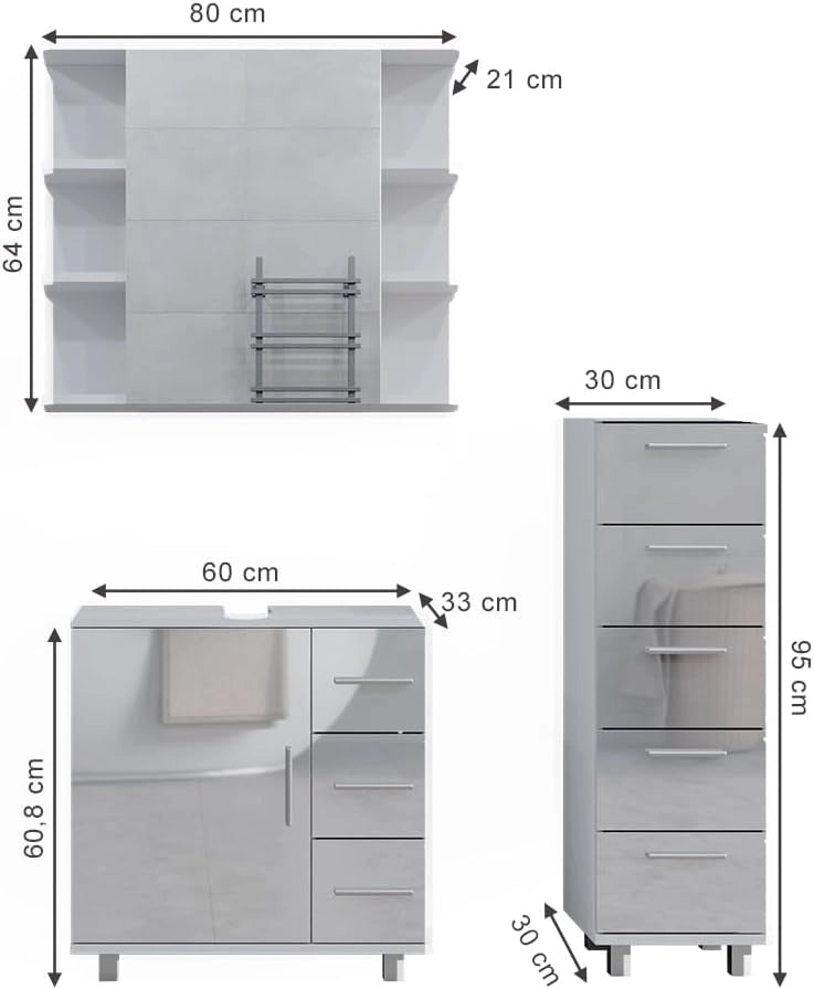 Set mobili bagno Ilias, Bianco lucido, 60 cm, composto da mobile sottolavabo, specchiera e mobile medio