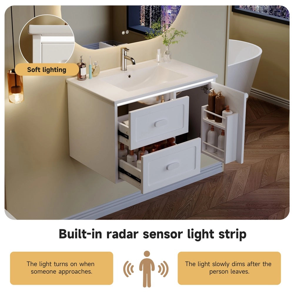 Mobile Bagno Sospeso con Lavabo Integrato e LED ¨C Xylo ¨C Bianco, 2 Cassetti, 76x46x51 cm