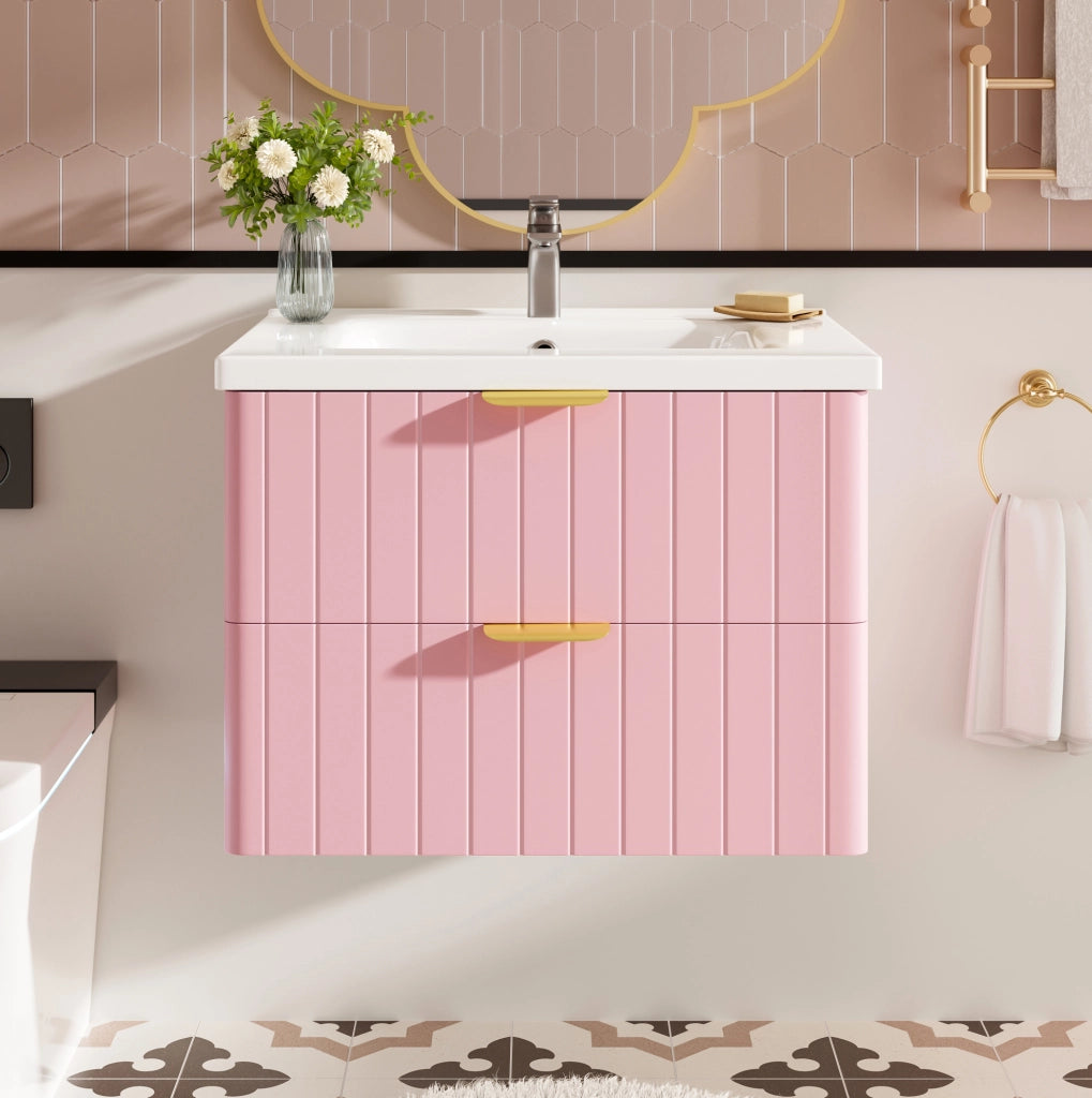 Mobile bagno sospeso con lavabo in ceramica; doppio ripiano; MDF rosa e bianco; 60;5 cm