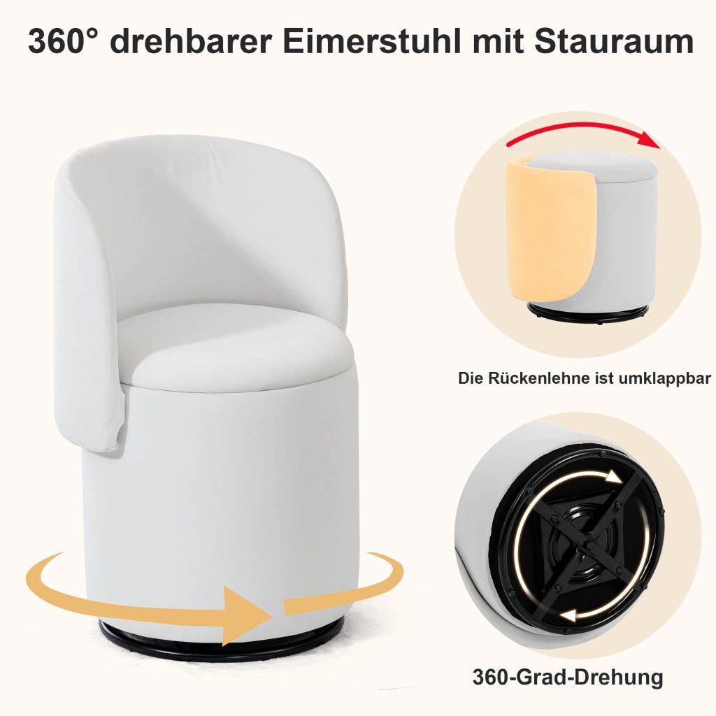 Sgabello girevole 360 gradi imbottito con contenitore e seduta morbida, per trucco e sala da pranzo in velluto bianco