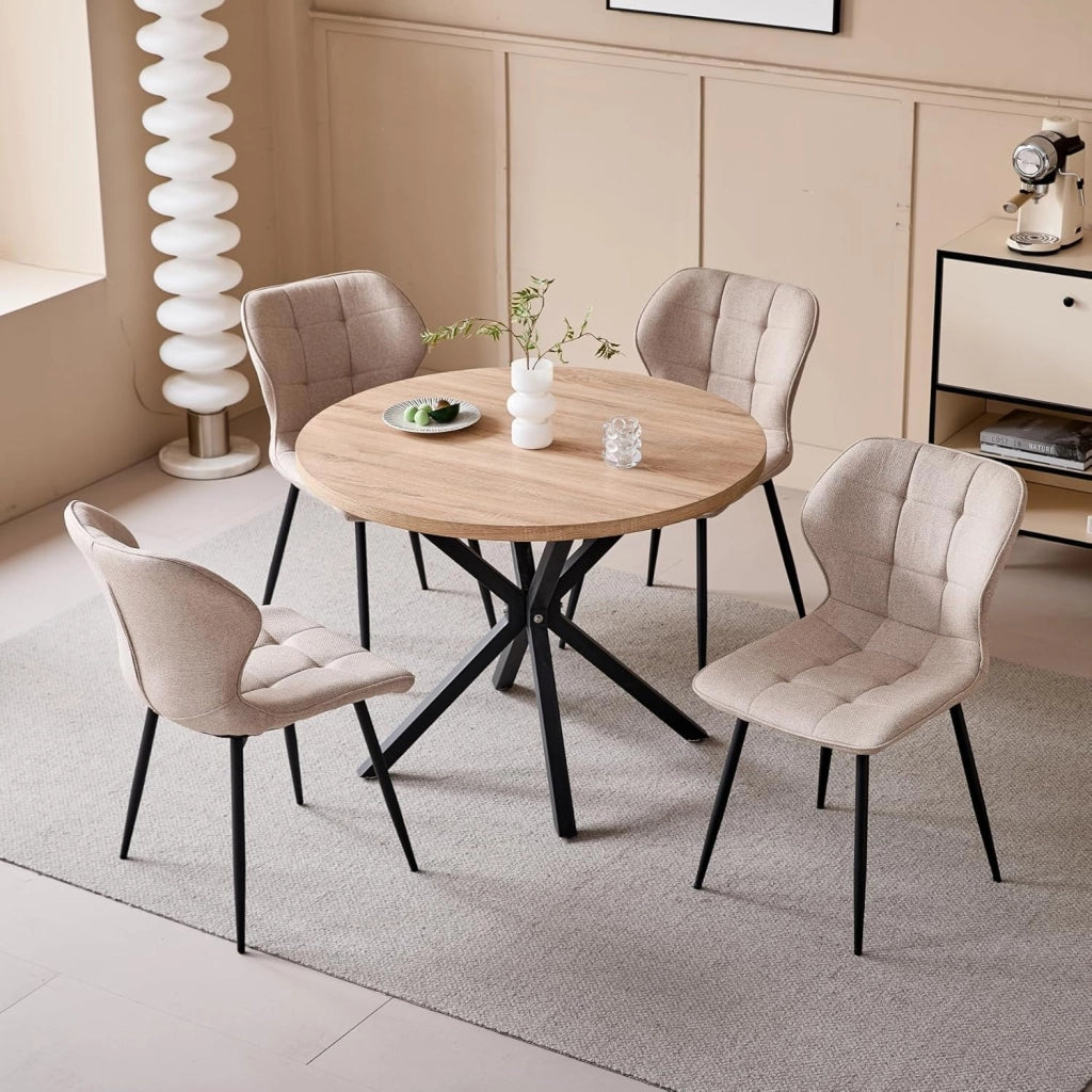 GrandCA HOME Tavolo da Pranzo Rotondo con Piano Moderno Effetto Marmo, Tavolo da Pranzo da Cucina con Quattro Gambe in Metallo, per Sala da Pranzo, Marrone Chiaro