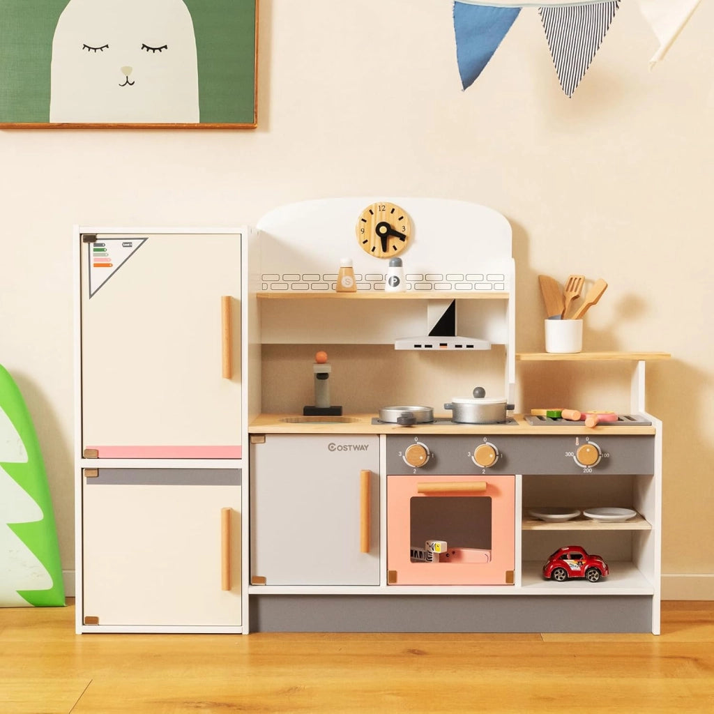 Cucina Giocattolo per Bambini, Set da Cucina in Legno con Cappa Aspirante e Frigorifero Realistici, con Utensili da Cucina in Legno, per Bambini 3+ Anni
