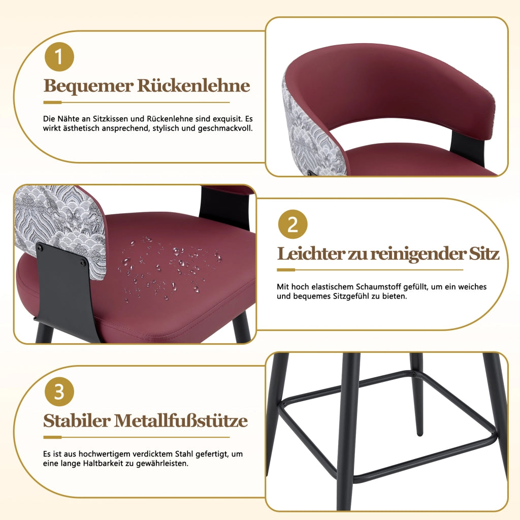 Sedia da pranzo imbottita in pu con schienale e braccioli, struttura in metallo nero, stile moderno rosso