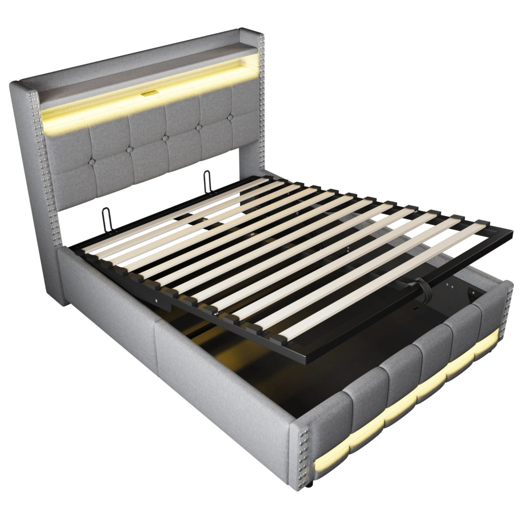 Letto imbottito 140x200 cm con contenitore idraulico; LED; USB e ripiani; lino grigio chiaro