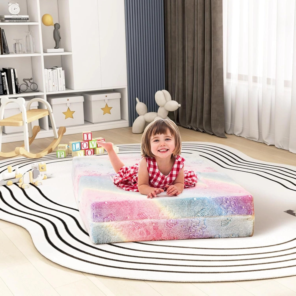 Divano Pieghevole per Bambini 5 in 1 Brilla al Buio, Poltrona Modulare con Cuscino, Fodera Lavabile in Lavatrice e Riempimento in Schiuma (Unicorno Arcobaleno)
