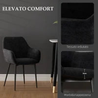 Set 2 Sedie per Sala da Pranzo Moderne con Braccioli, Seduta Imbottita e Gambe in Acciaio, 54x57x80cm, Nero