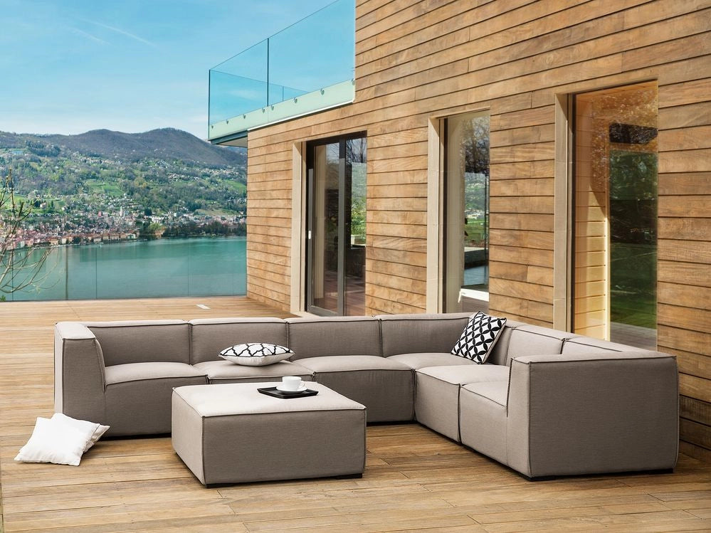 Set divano ad angolo per interni ed esterni Rivestimento in tessuto beige a 7 posti con salotto da giardino ottomana sinistro