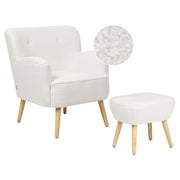 Poltrona Boucle bianco Rivestimento poggiapiedi Gambe in legno Motivo solido Retro Boho Soggiorno